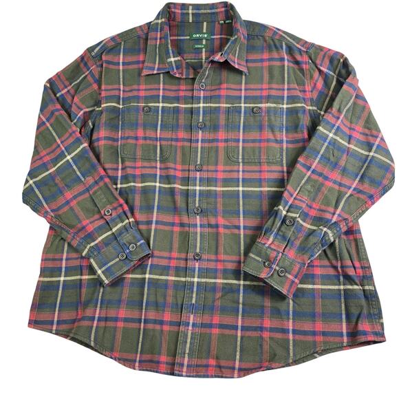 Orvis Perfect Flannel Button Shirt Men XXL Green Red Plaid Casual Workwear - Picture 1 of 10